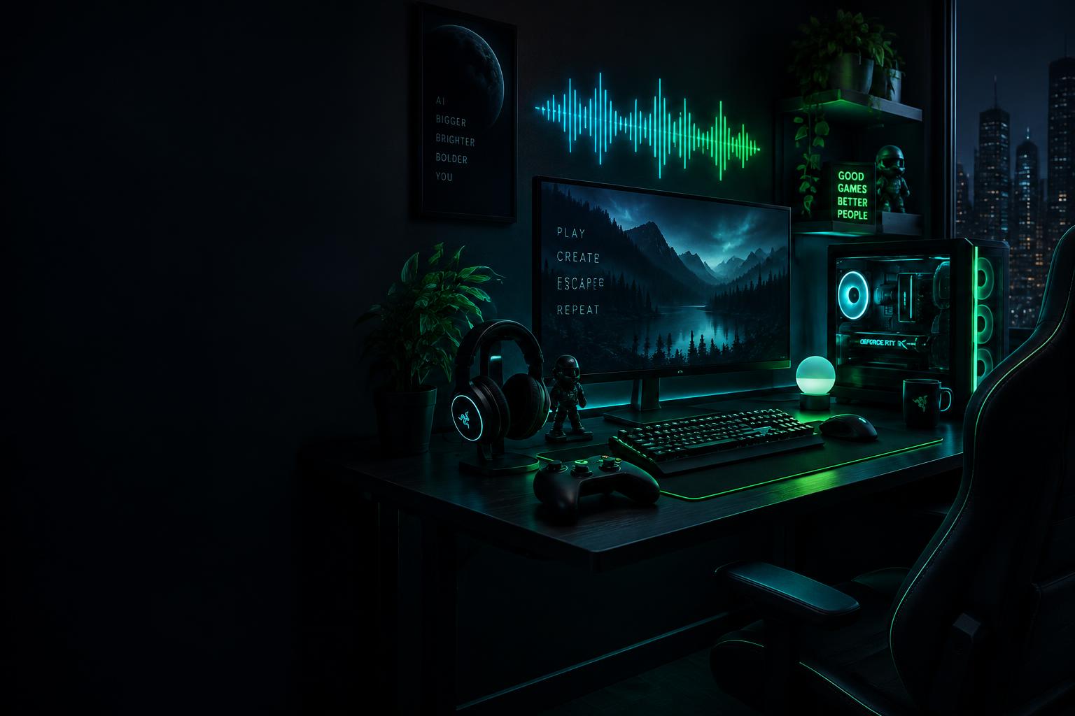 Setup gamer iluminado por luzes neon